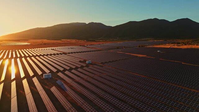 Solar panels are lined up in rows across a large field as the sun sets behind distant mountains. The scene shows a mix of nature and renewable energy technology.