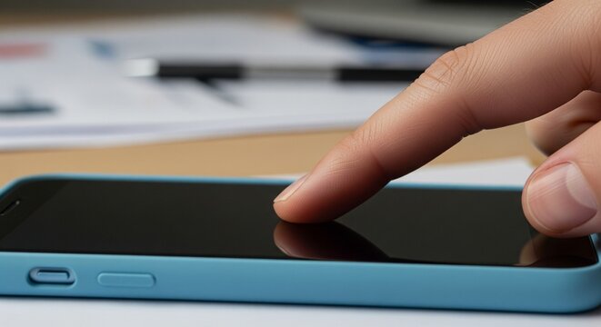 Close-up of a finger tapping the screen of a smartphone with blue case