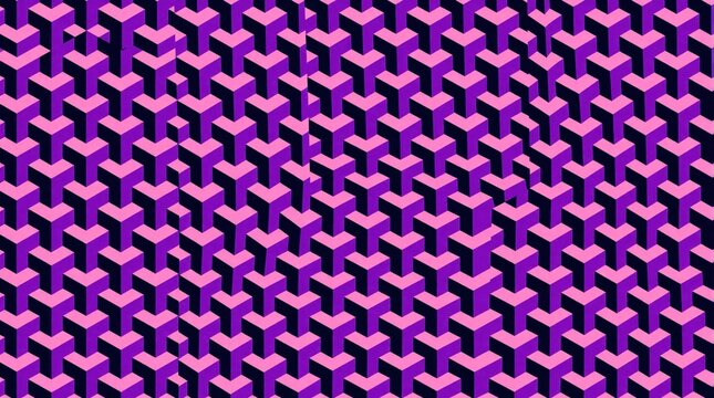 Abstract geometric pattern features pink, purple 3D cubes. Seamless zigzag design shows repeating isometric shapes with shadow depth. Modern chevron layout creates vibrant background for digital art,