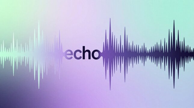 Abstract sound wave pattern with echo text. Minimalist graphic shows audio frequency lines on soft pastel gradient background. Visual representation of music rhythm, sonic vibrations, voice signal.