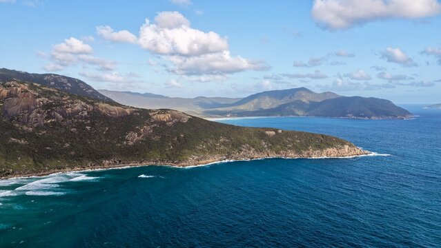 Wilsons Promontory National Park, Gippsland, Victoria, Australia &ndash; 4K aerial drone view of spectacular turquoise beaches, rugged coastal mountains, winding rivers and pristine wilderness