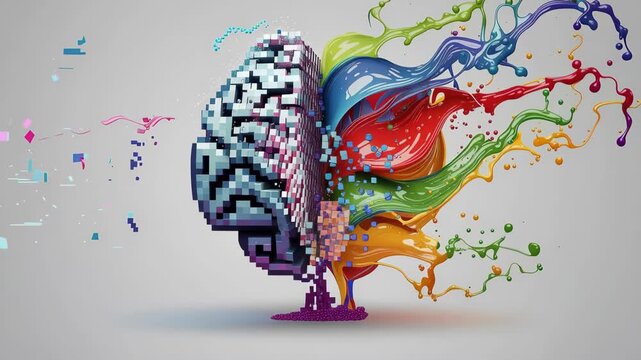 Creative and logical brain transition visual concept showing pixelated structure evolving into clarity