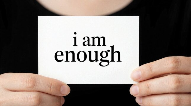 Close up of human hands holding white paper card with text i enough. Person shows motivational affirmation message for self love, mental health. Positive mindset concept for confidence, personal