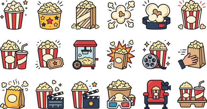 Movie Theater Popcorn and Cinema Snack Vector Icon Set with Buckets, Paper Bags, Soda Drink, 3D Glasses, and Film Reel Symbols
