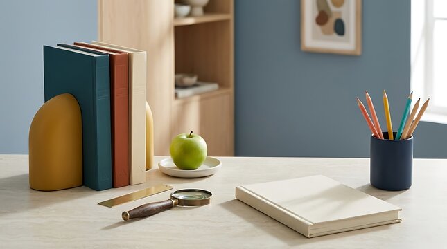 Minimalist Home Office Desk Setup with Bookends, Hardcover Books, Green Apple, Pencil Cup, Notebook, Writing Tools, Study Workspace