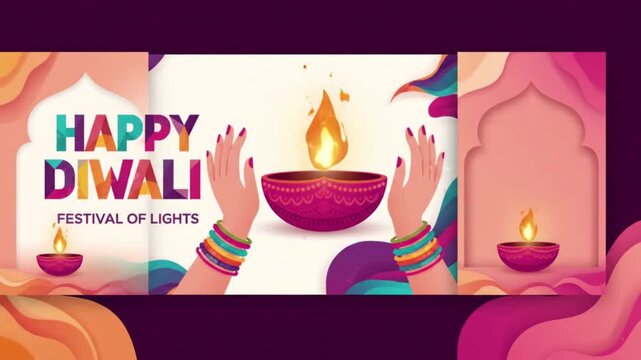 Colorful vector animation of Diya lamps burning brightly for Hindu festival celebration