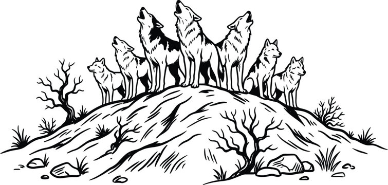 Pack of Wolves Howling on Hill Silhouette Vector Line Art Sketch.