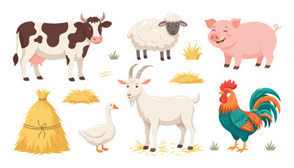 Fototapeta premium Farm animals cute cartoon livestock vector element set. Cow, sheep, pig, goat, rooster, duck, haystacks and country agriculture decoration.