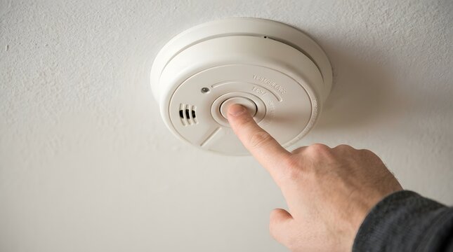 Close-up of a person's hand pressing the test button on a white smoke detector mounted on a ceiling to ensure home fire safety and battery functionality during a routine maintenance check.