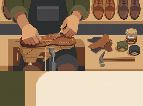 Cobbler stitching new sole onto leather shoe