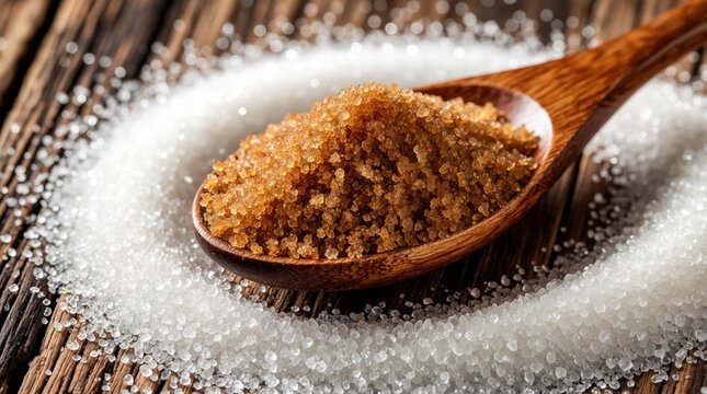 Brown sugar sits in wooden spoon on dark rustic table. White granulated sugar forms circle around spoon. Close up texture of sweet cane crystals, organic sweetener. Ingredients for baking bread
