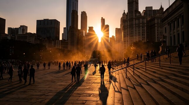 Large crowd of pedestrians walking through a busy urban city plaza during a dramatic golden hour sunset with skyscrapers in the background and long shadows on the stone pavement.