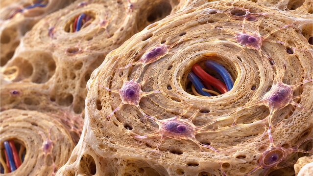 Ultra realistic 3D visualization of porous bone tissue, osteocytes, and blood vessels within concentric mineralized layers, illustrating skeletal microstructure in a detailed scientific educational 