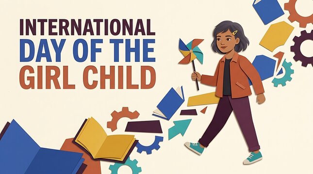 International Day of the Girl Child banner with walking girl holding pinwheel, educational books and gears illustration