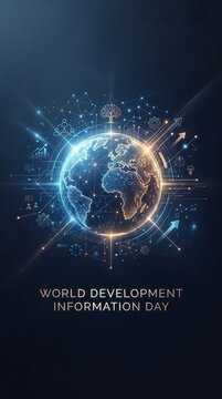 World development information day poster with glowing digital globe and networking symbols.