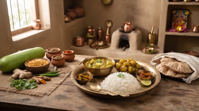 Traditional indian vegetarian thali meal with rice and curries in rustic village kitchen.