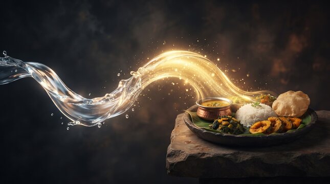 Traditional indian thali platter with golden light stream over white rice and savory curries.