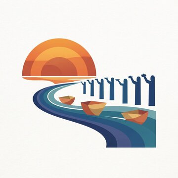 Abstract illustration of sun setting over river with ritual boats and worshiping people.