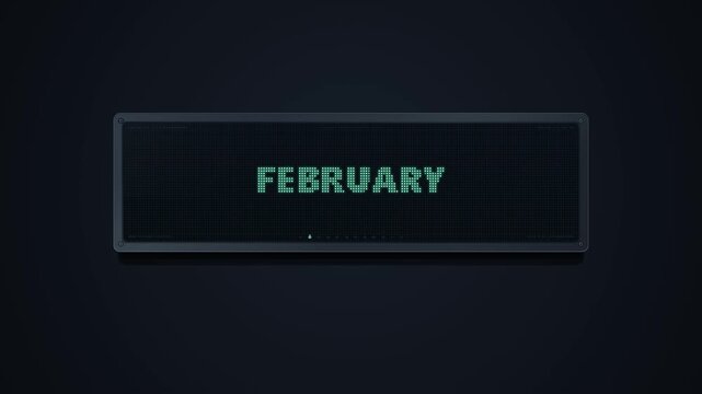 Premium 4K digital display presenting all twelve English month names in sequence, with glowing mint LED typography, a sleek graphite frame, ultra smooth transitions, and a modern electronic aesthetic.