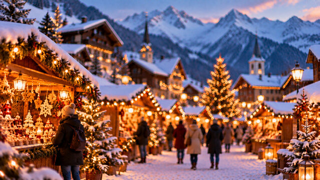 Swiss Christmas market in snowy Alpine village at dusk with cozy illuminated wooden chalets and dramatic mountain peaks