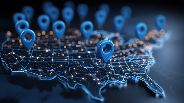 Location pins placed across a connected map of the United States represent geographic coverage and nationwide logistics networks.