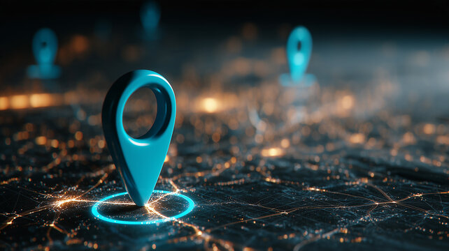 Location pins placed along a connected digital map illustrate GPS navigation and precise geographic tracking across a smart network.