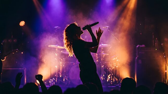 Silhouette of a talented female singer performing live on a concert stage with atmospheric purple and orange lighting, smoke effects, and a cheering crowd in the background during a music event.