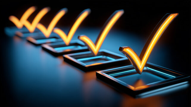 A row of completed checkboxes represents quality assurance and successful task verification in business processes.