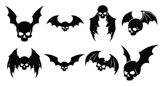 Set of black silhouette skulls with bat wings for creative halloween party decorations and spooky graphic design projects