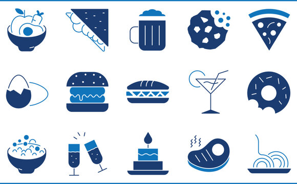 A set of icons related to Food and Drinks. Food, pasta, cake, sandwich, eggs, beer, and so on.