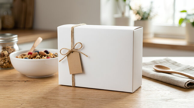 White blank packaging box with twine and tag on wooden kitchen table