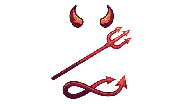 Red devil horns trident tail vector illustration element. Halloween props, satanic horns, pitchfork, demon 
