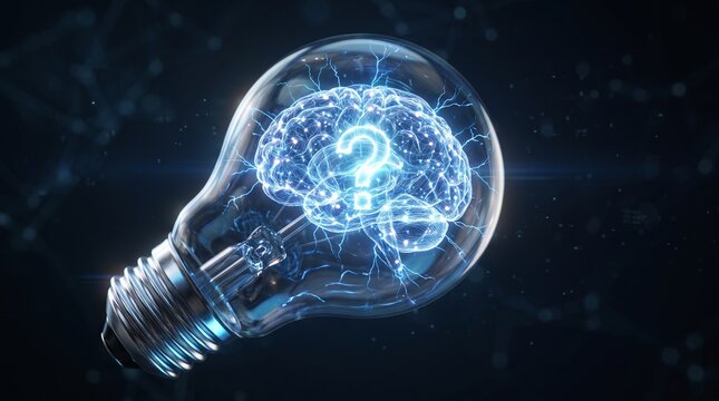 Sparking creativity and thought A digital brain with a question mark within a light bulb, symbolizing innovative ideas, problem-solving, and the genesis of new concepts and insights