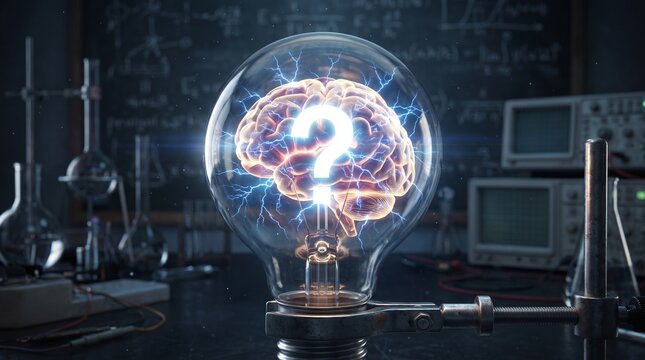 A glowing human brain with a question mark inside a light bulb in a dark scientific laboratory with equipment and mathematical formulas
