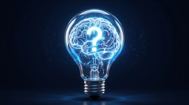 Glowing lightbulb containing a glowing human brain with a question mark, symbolizing idea, problem solving, and intellect
