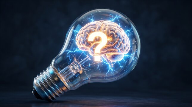 Concept of Innovation and Creativity represented by a glowing light bulb containing a brain with a question mark and electrical sparks