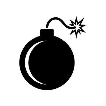 Simple black and white silhouette icon of a round cartoon bomb with a lit fuse
