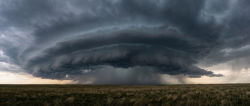 Dark thunderstorm clouds approaching across open grassland