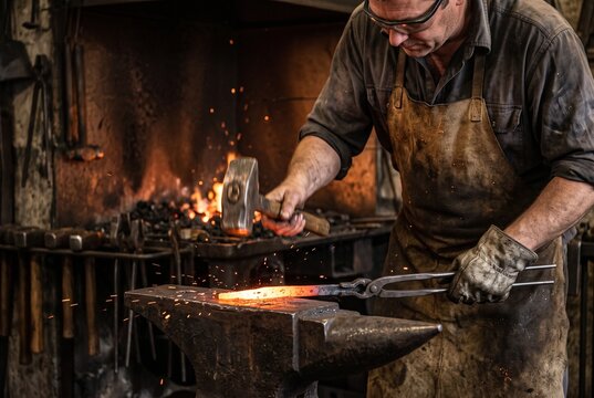 Blacksmith hammering glowing metal on an anvil