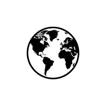 Black and white minimalist icon of the earth planet isolated on white background