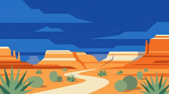 Desert canyon landscape with winding path a flat vector illustration