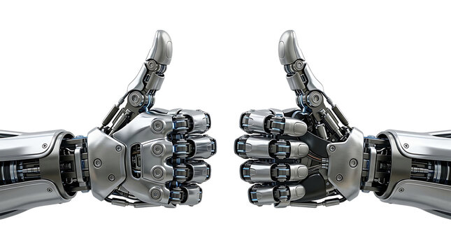 Robot hands giving thumbs up sign isolated on transparent background
