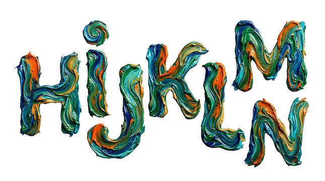 Oil paint textured letters H. I. J. K. L. M. N isolated on transparent background