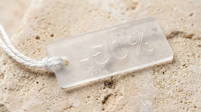 Elegant translucent acrylic price tag with fifty percent discount sign on natural stone surface, perfect for Black Friday sales, luxury retail promotions, and seasonal shopping event concepts.