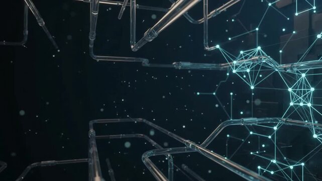 An abstract motion background featuring translucent glass pipes and glowing digital light connections moving through a dark virtual cyberspace environment representing modern data