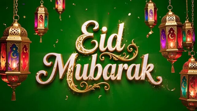 Eid Mubarak golden typography greeting illustration. Features ornate hanging lanterns against a vibrant green background. Festive celebration graphic asset isolated on transparent background.