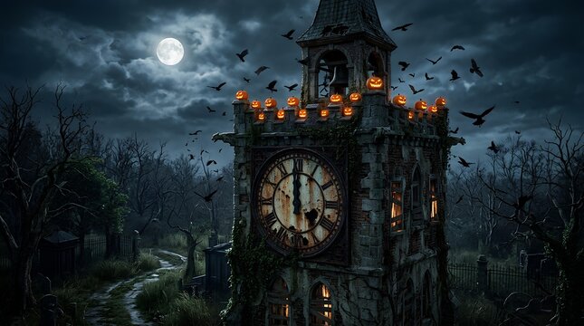 Haunted gothic clock tower at night under full moon.