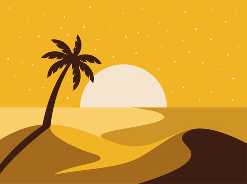 Minimalist desert sunset vector featuring rolling sand dunes, single palm tree with long shadow, and big setting sun