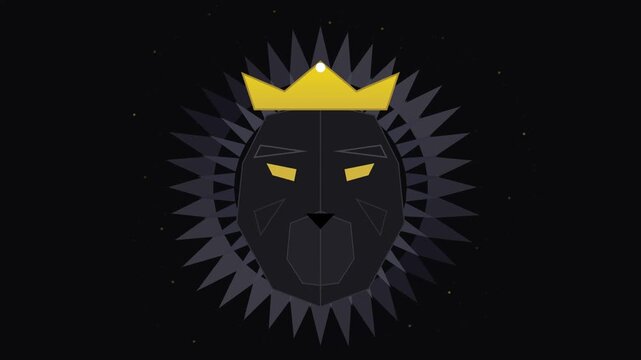Black and gold geometric lion head wearing a crown animation