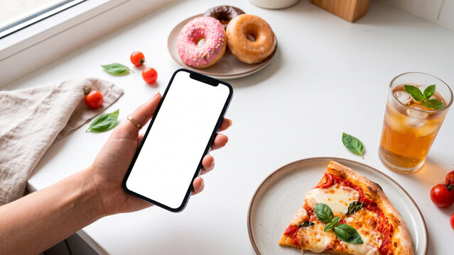 Hand holding blank smartphone beside pizza, iced tea and donuts on a kitchen counter. Food delivery app mockup. Pizza ordering and restaurant branding. Mobile commerce and takeout promotion
